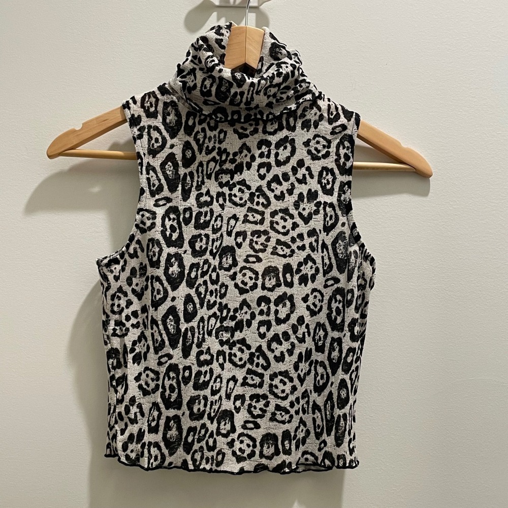 Choosy Womens Leopard Print Sleeveless Turtleneck Top Black White XS 1904TO33